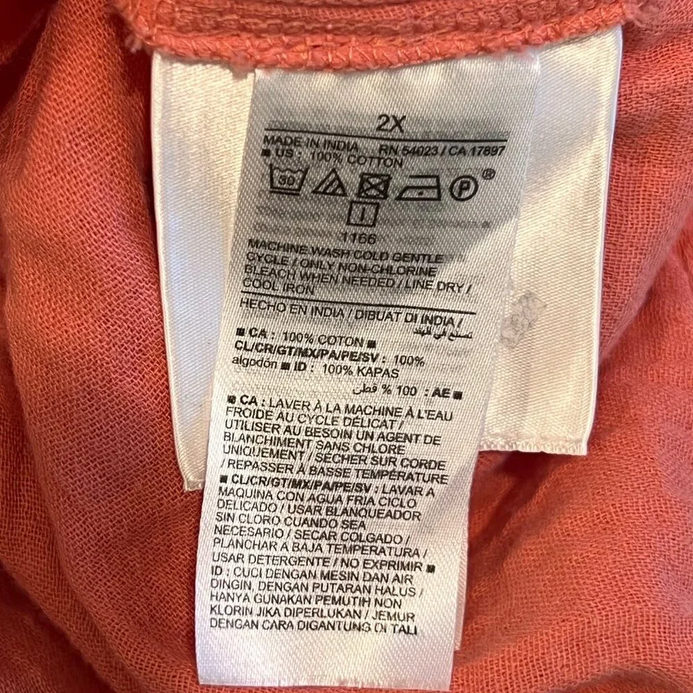 Old Navy Women 100% Cotton Coral Relaxed Crinkle-Gauze Split-Neck Blouse,Size 2X
